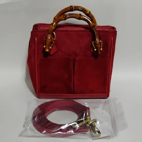 SALE! Gucci Red Suede Mini Satchel Handbag/Shoulder Bag W Bamboo Handles & Strap - Picture 14 of 16